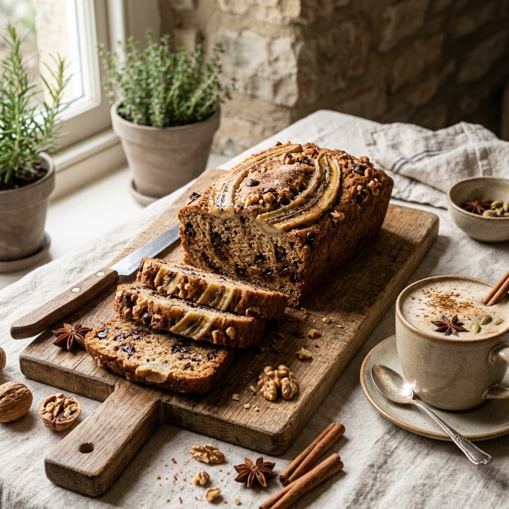 Warm afternoon tea companion: Sliced banana walnut loaf made with 100% whole wheat & dark chocolate chips 🍞☕