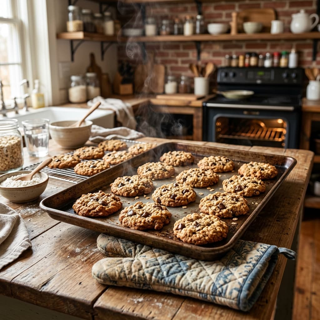 Hot baking tray straight out of our home oven! Fresh oatmeal lactation cookies cooling in the morning breeze 🍪✨