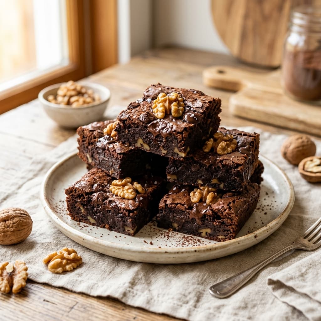 Fudgy, rich dark cocoa walnut brownies cut into thick squares. Naturally sweetened indulgence without guilt 🍫❤️