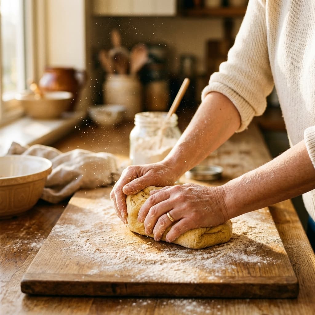 Hands lovingly kneading fresh whole wheat dough