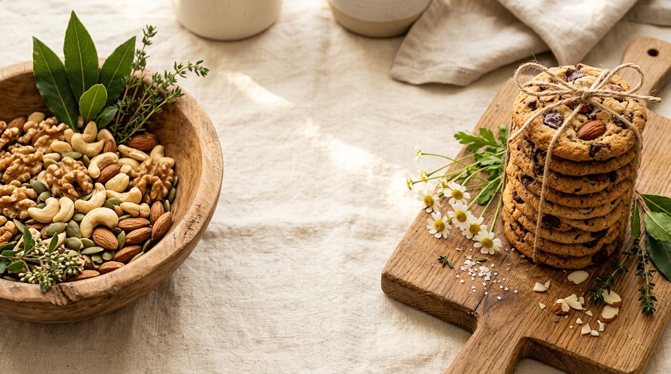 Artisan raw nuts and freshly baked almond cookies on a rustic linen table