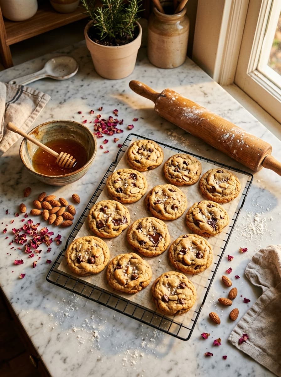 Freshly baked cookies cooling on a rack with honey and almonds